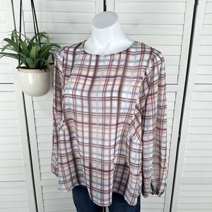 NWOT Anthropologie Dolan Lainie Blouse Sheer Light Plaid Balloon Sleeves‎ Size M